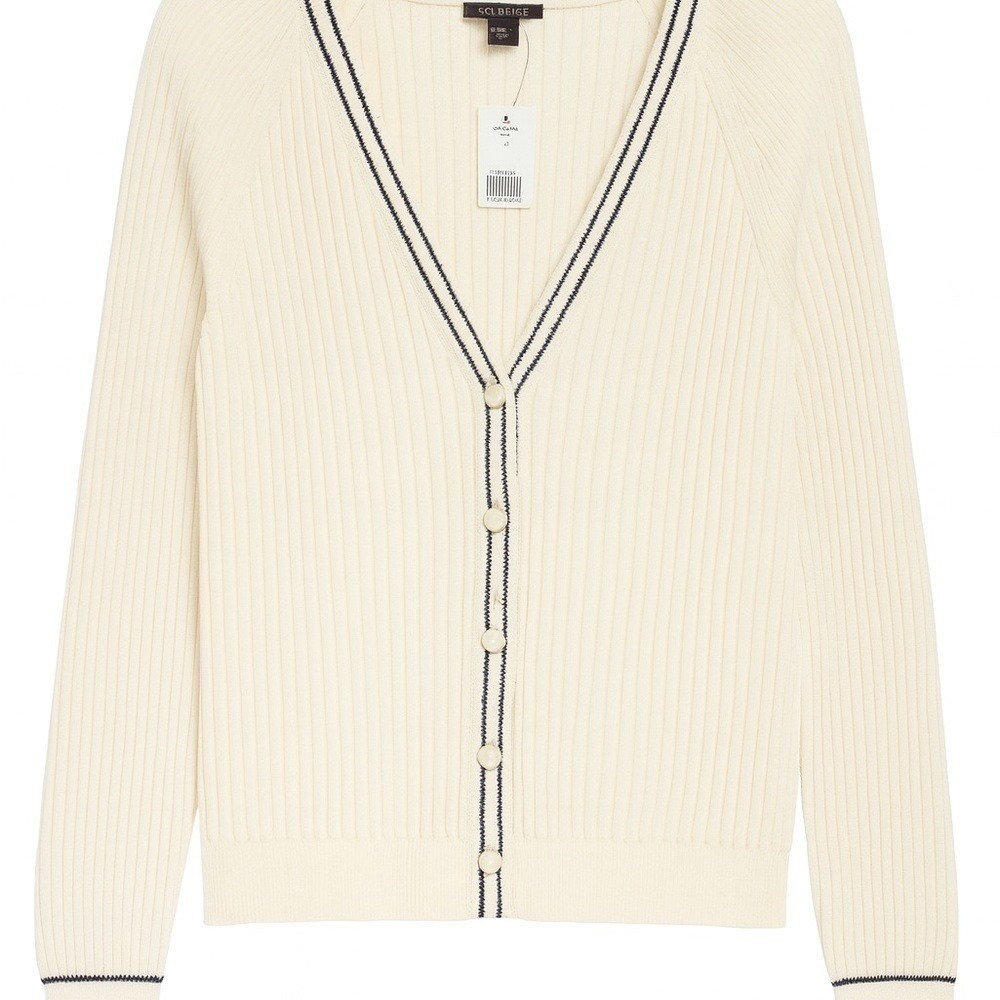 NWT Talbots Tipped Cardigan Medium Cream Pearl Button Quiet Luxury MSRP $119